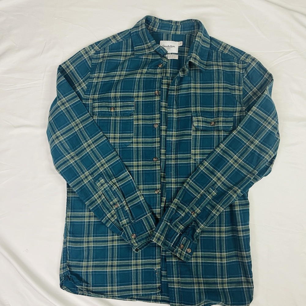 Goodfellow & Co Mens M Midweight Flannel Shirt Teal Green Plaid Button Down